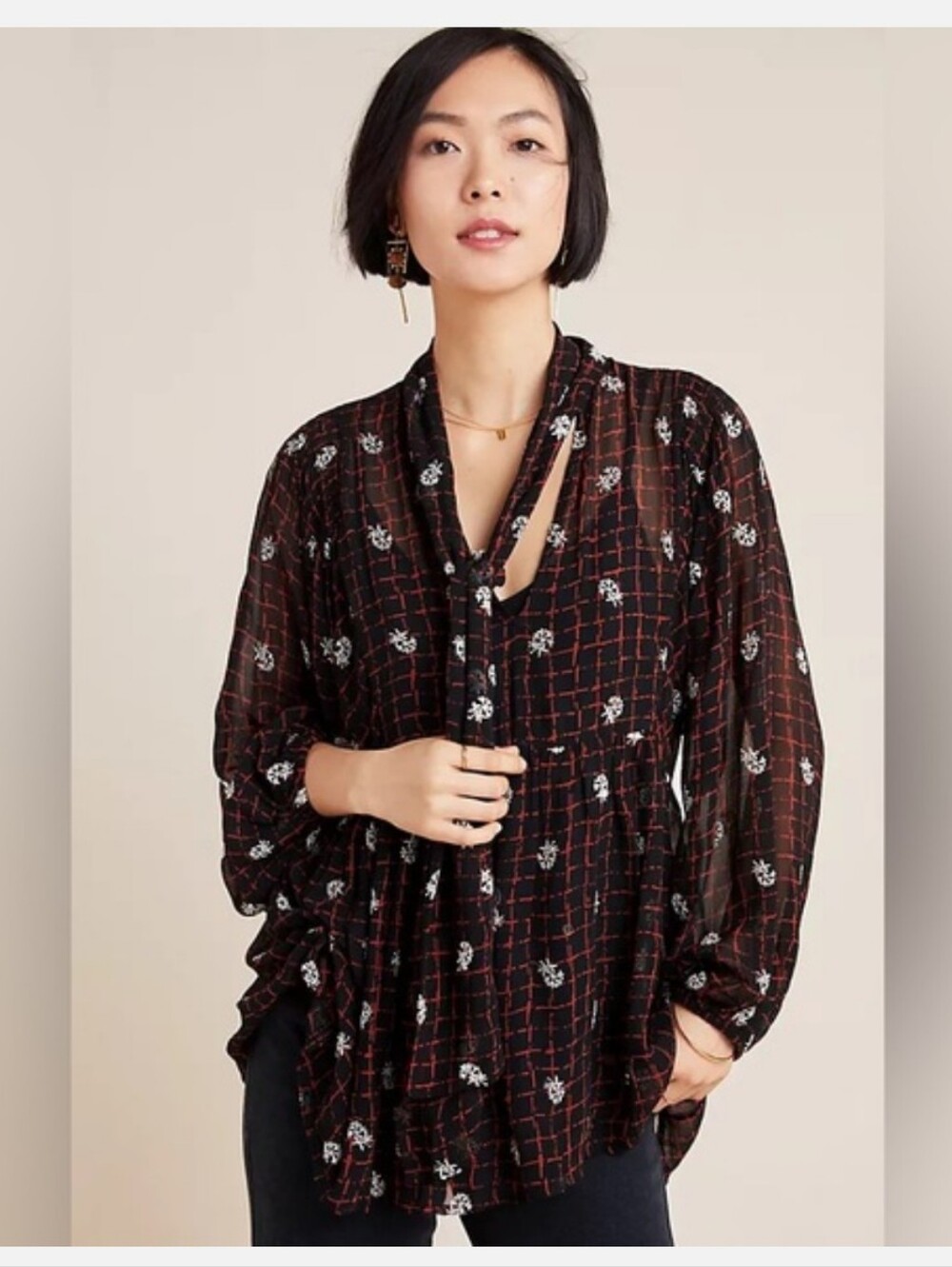 Anthropologie Not So Serious Sheer Tie Blouse Women's M Long Sleeve Boho